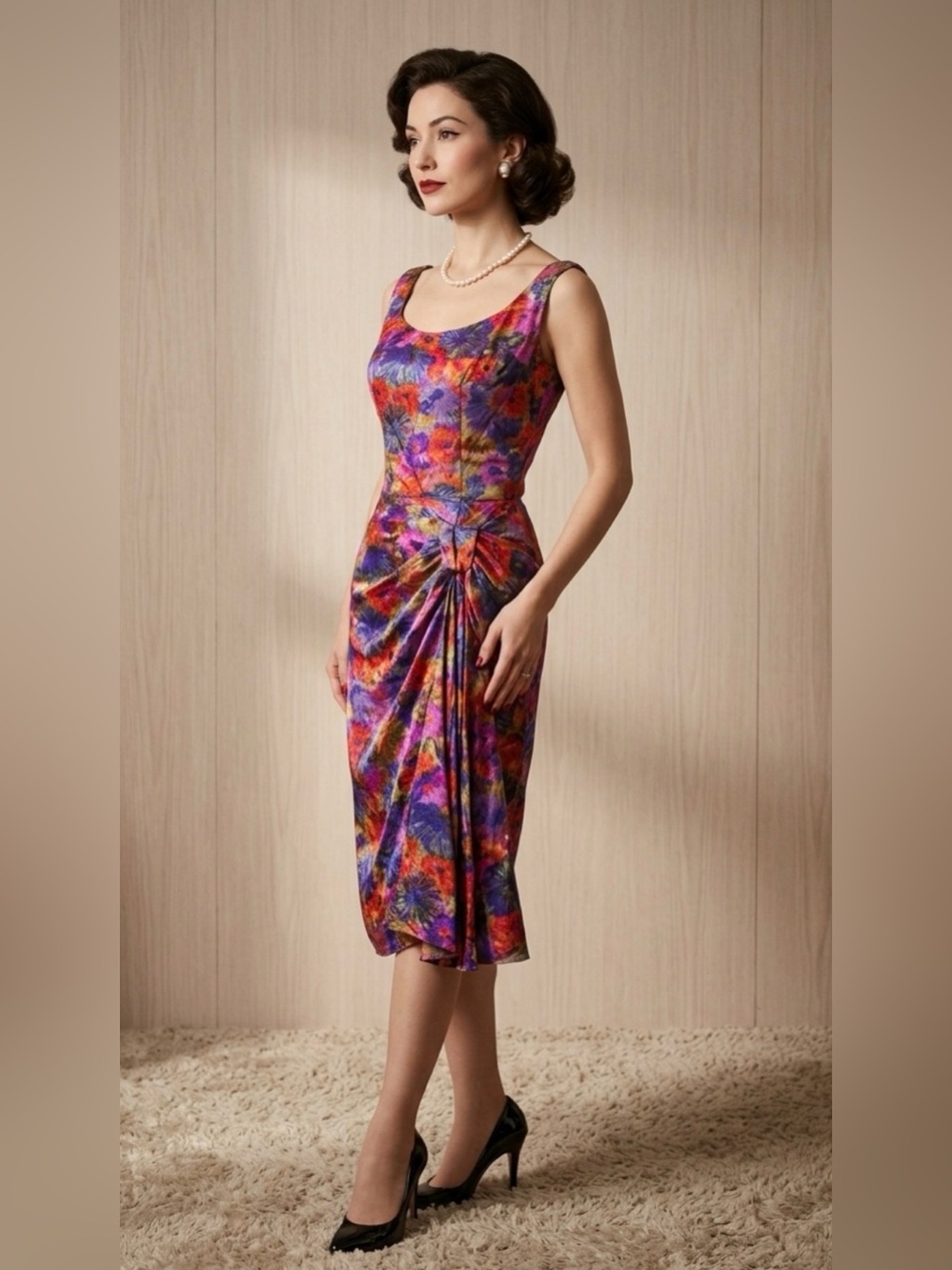 1950s VTG Satin Floral Sarong Dress Designer Mr. Blackwell Sz XS/S